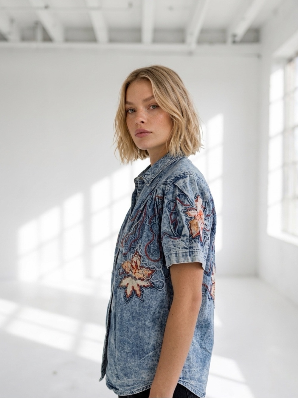 Vintage Acid Wash Denim Short Sleeve Shirt Handcrafted Applique Puff Sleeve M/L